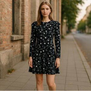 NWT Topshop Blossom Frill Black Floral Long Sleeve Mini Dress Size 4